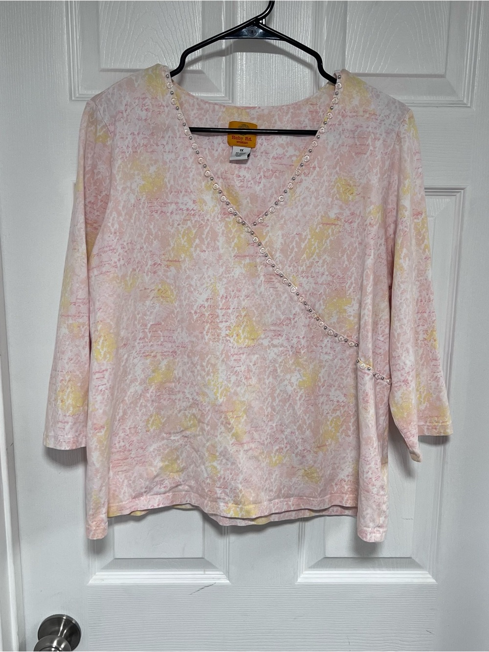 Ruby Rd. Women’s Pink & Yellow Faux-Wrap Embellished Tunic Size 1X